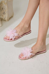 Pink Slippers With Big Flowers And Pearl Sandals